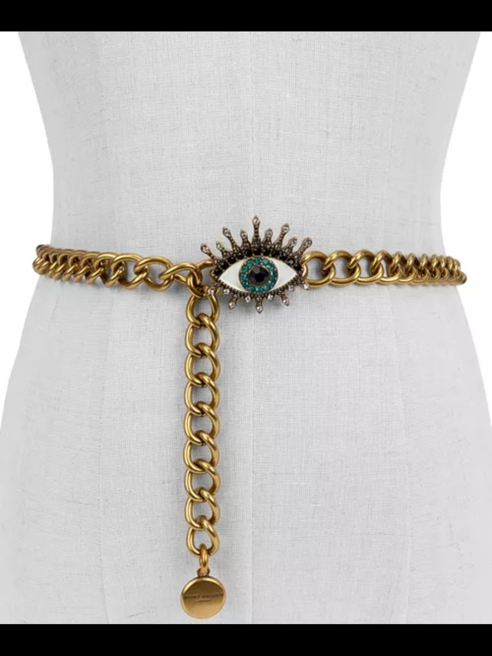 Kurt Geiger Gold Eye Charm Chain Belt with Teal Accent
